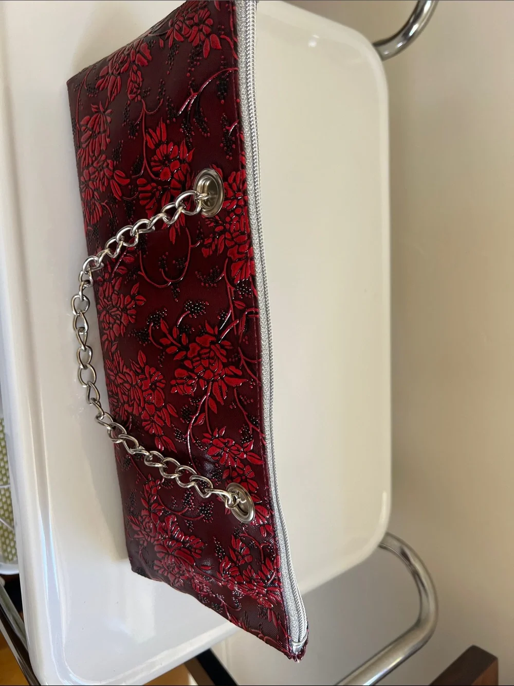 Iceware Red Floral Embossed Chain-Handle Clutch.